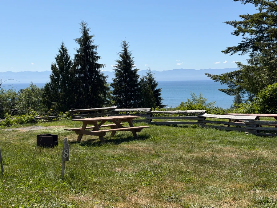 A flat grassy campsite lot with a metal firepit and a wooden picnic table at the edge of a cliff looking down to the Salish Sea