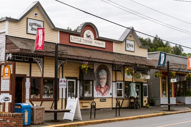 Frontier town style facade along an empty street in Chemainus