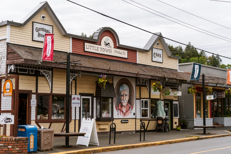 Frontier town style facade along an empty street in Chemainus