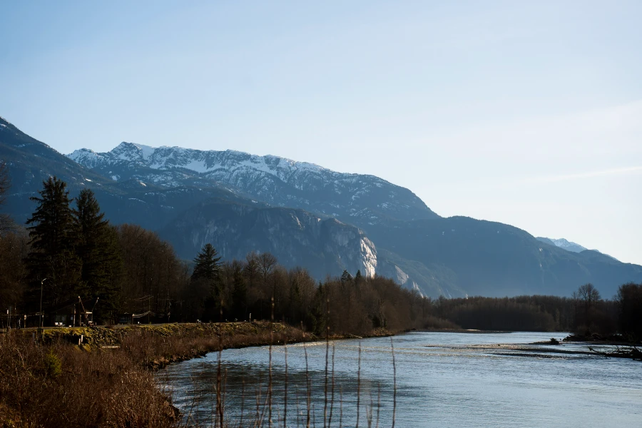 A wide river curves around a steep bank with a layer of forest behind it followed by 2 more layers of mountains of varying size made more clear by the difference in the snow line between them
