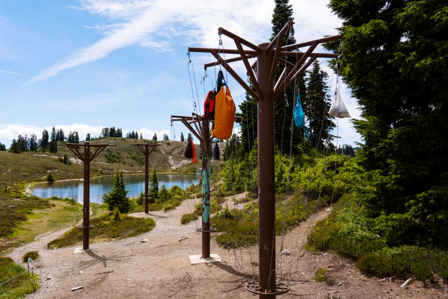 A grouping of 4 bear-hangs with several dry bags full of food hanging from them next to an alpine lake