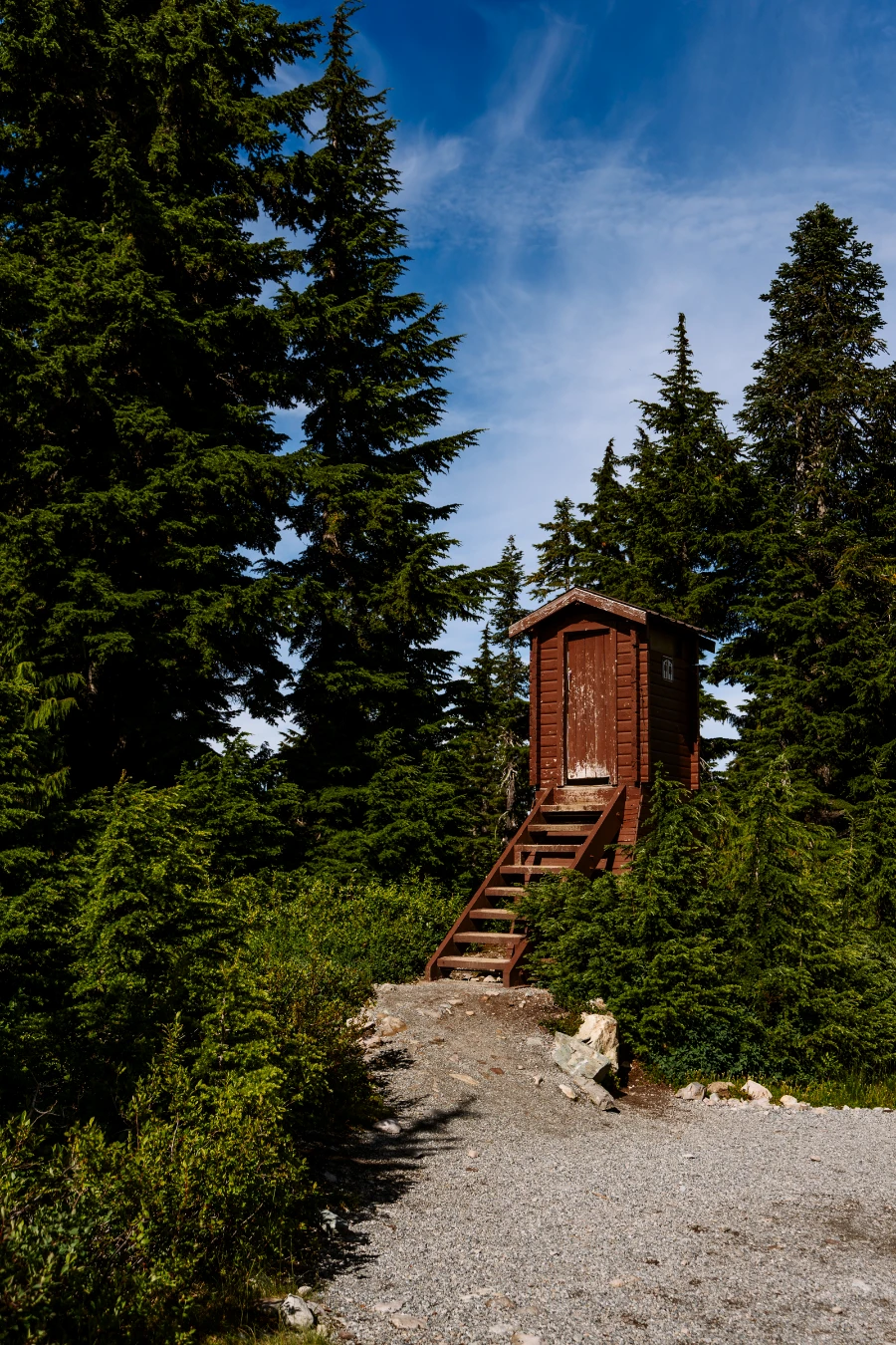 Wooden steps lead up to a small pit toilet surrounded by trees on the side of the trail up to Elfin Lakes in Squamish