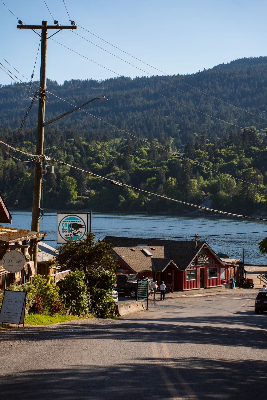 A road curves down a hill past the few small buildings of Fulford Harbour