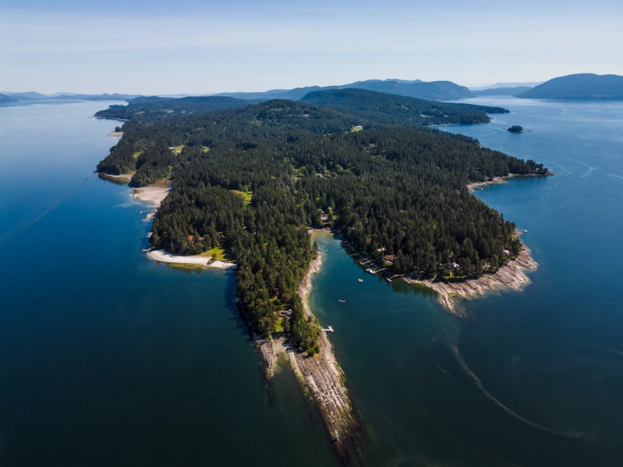 The north shore of Salt Spring island with a sea of green forest behind it covering the rest of the island