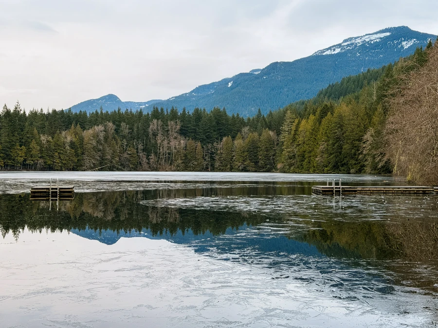 A half frozen lake is surrounded by trees and distant mountains behind them
