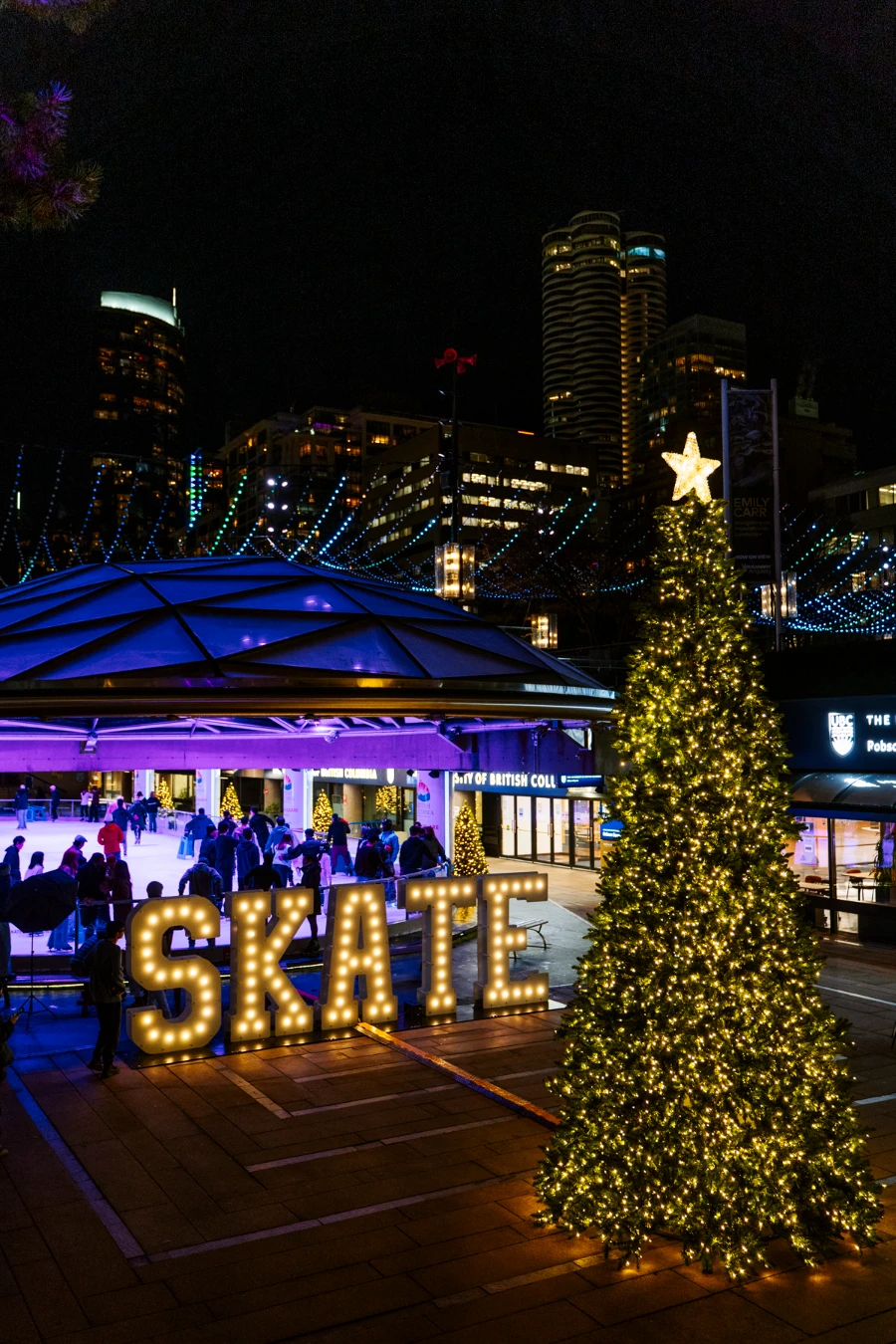 A neon sign reads SKATE in front of an ice rink next to a christmas tree
