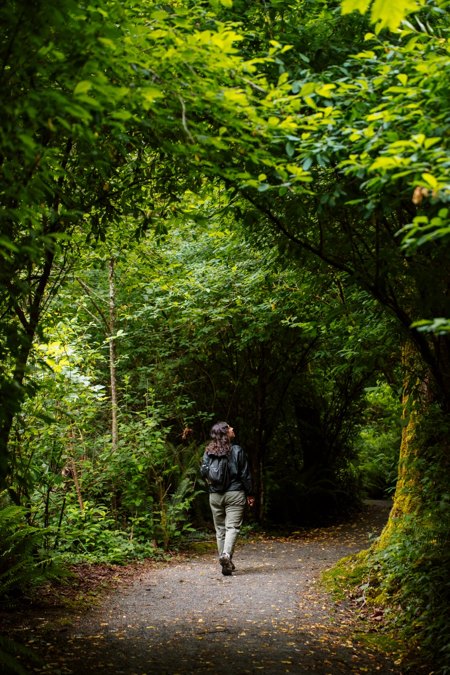 A woman walking along a flat path surrounded by a lush green forest