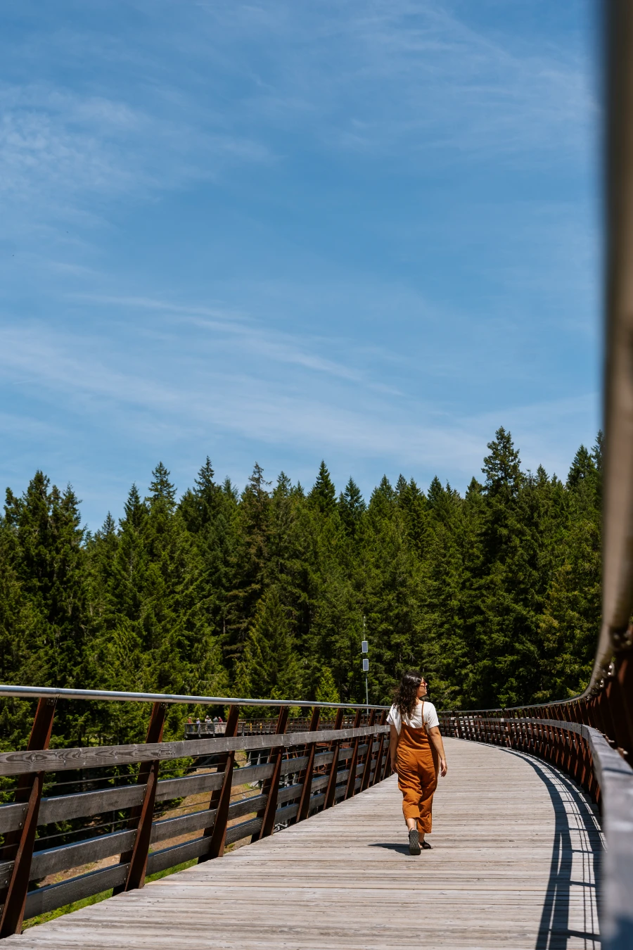 A woman walks along a flat boardwalk supported above a massive canyon by a large wooden trestle
