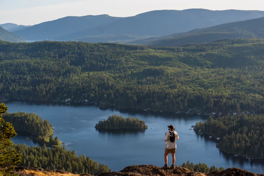 A man standing on the edge of a cliff above a deep blue lake with a massive, lush forest in the distance