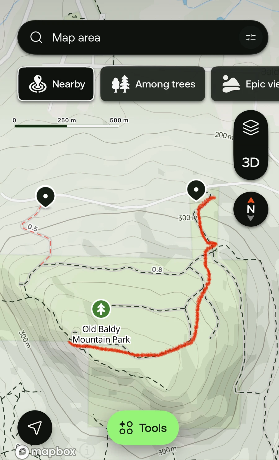 A screenshot of an alltrails map with a red line drawn to illustrate a route