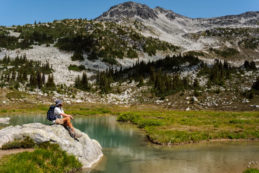 A man sits on a boulder in the Blackcomb Alpine next to Decker Tarn.