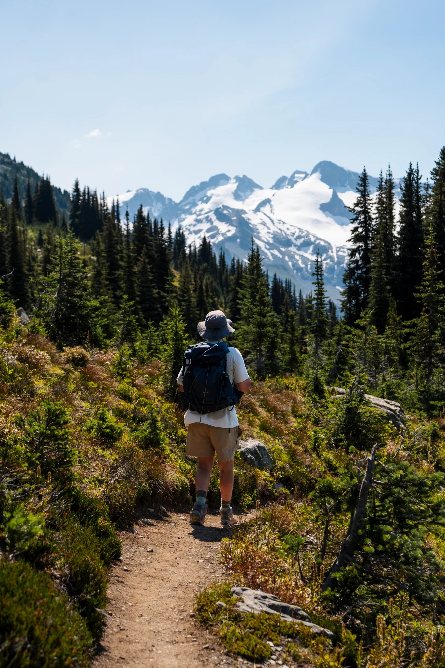 A man with a hiking backpack and a sun hat hiking along a narrow trail through the Blackcomb Alpine