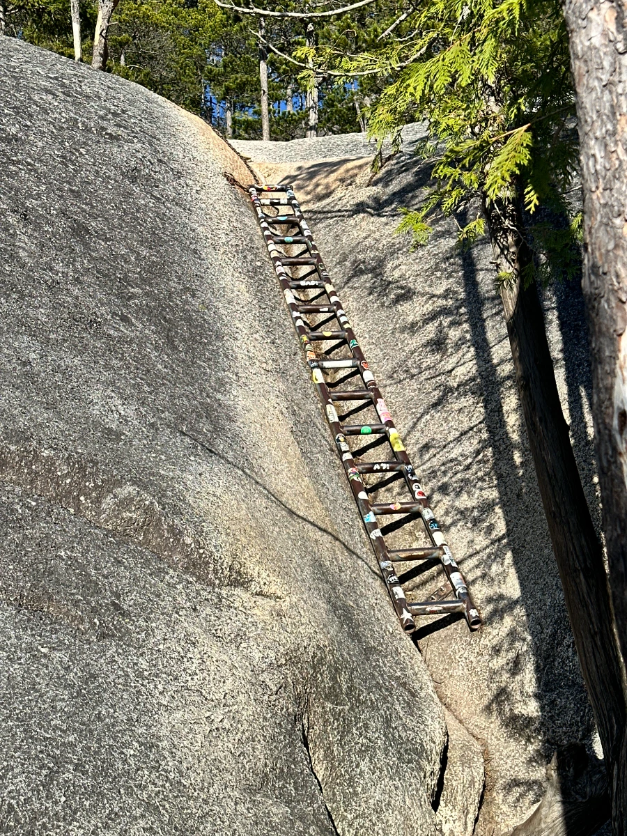 A ladder covered in stickers bolted into a steep granite slab near the peak of the Stawamus Chief