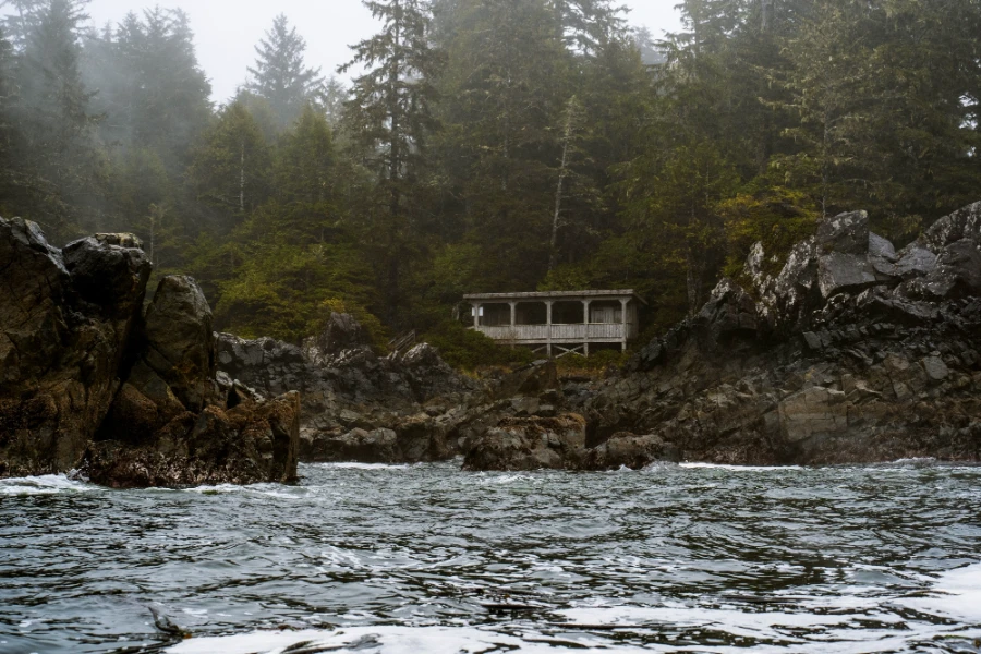 A wooden shelter sits atop a rocky shoreline with a misty forest behind it at Hot Springs Cover near Tofino, BC
