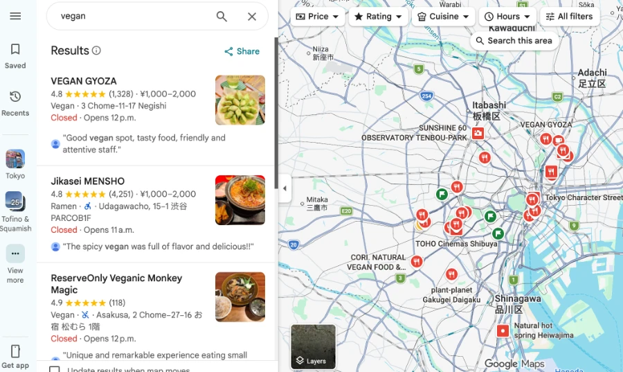 A screenshot of Google Maps that shows the result of searching for vegan across the city of Tokyo, Japan