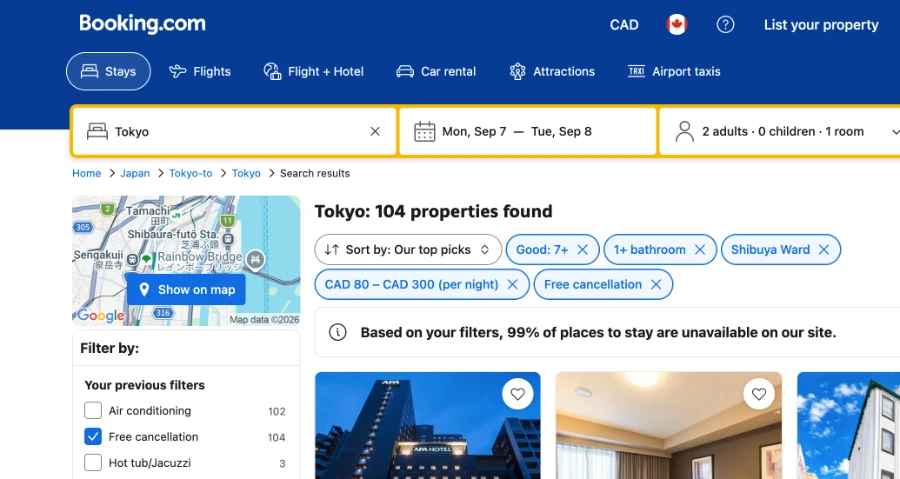 A screenshot of Booking.com that shows a search for a hotel in Tokyo with several filters applied that is yielding 104 properties