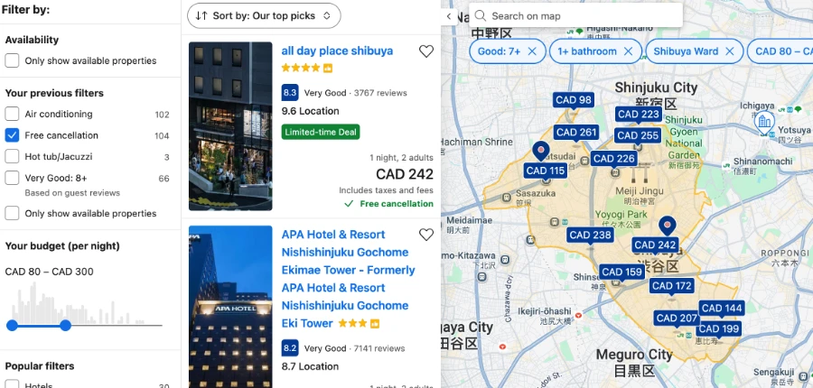 A screenshot of Booking.com that shows a highlighted area with a limited number of visible hotels