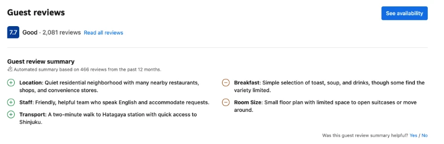 A screenshot of Booking.com that shows a guest review providing positive and negative feedback with a 7.7 overall rating