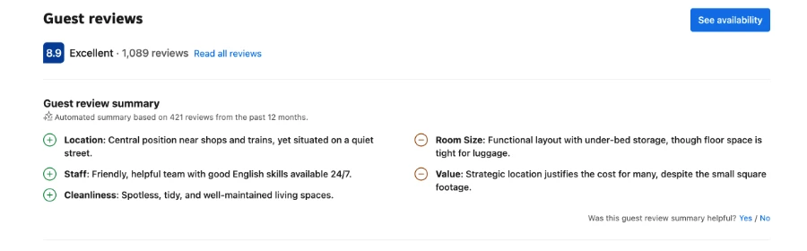 A screenshot of Booking.com that shows a guest review providing positive and negative feedback with an 8.9 overall rating