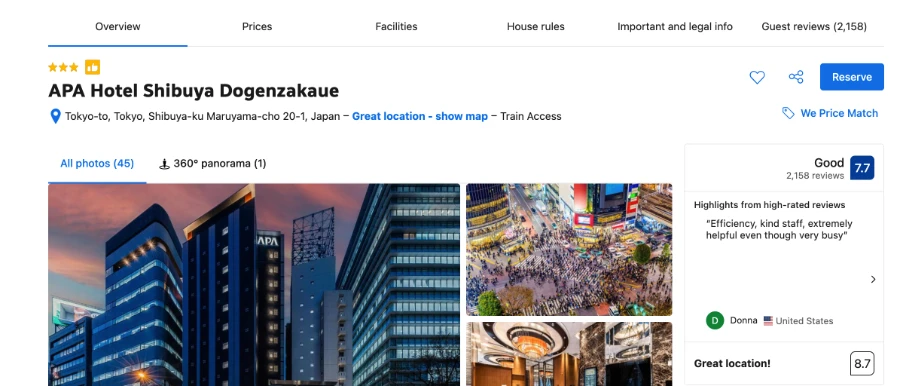 A screenshot of Booking.com that shows the details of a hotel called APA Hotel Shibuya