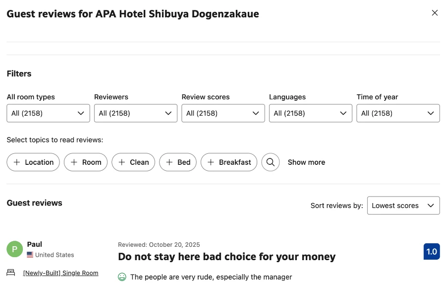 A screenshot of Booking.com that shows guest reviews for a hotel named APA Hotel Shibuya filtered to show the lowest-rated reviews first