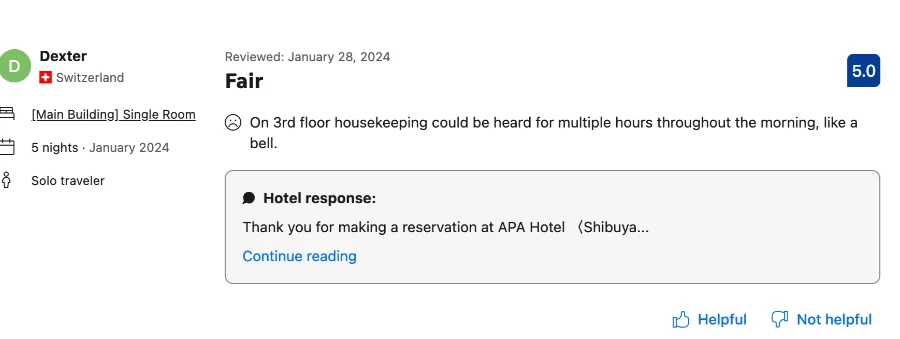 A screenshot of a negative review from Booking.com that also shows the hotel’s response