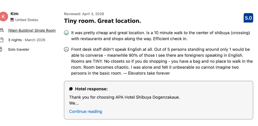 A screenshot of a negative review from Booking.com that also shows the hotel’s response