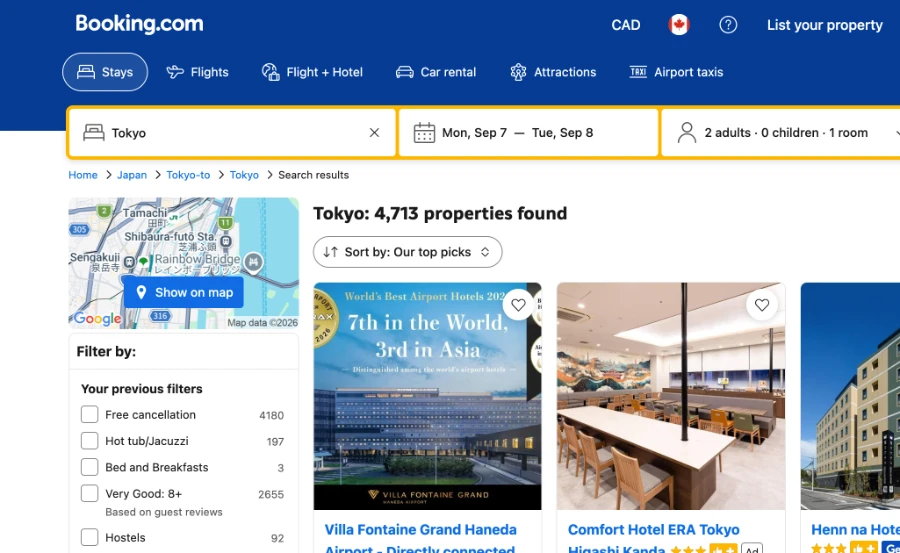 A screenshot of Booking.com that shows a search for a hotel in Tokyo that is yielding 4713 properties