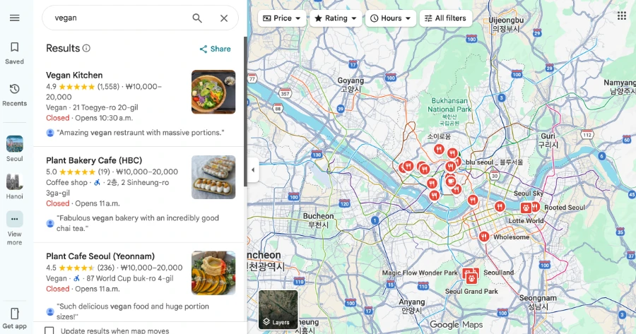 A screenshot of Google Maps that shows the result of searching for vegan across the city of Seoul, South Korea