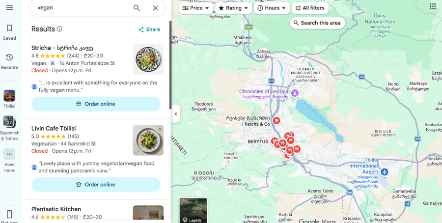 A screenshot of Google Maps that shows the result of searching for vegan across the city of Tbilisi, Georgia