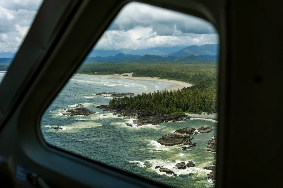 A tree lined shore with a long sandy beach and powerful waves framed through the window of a Harbour Air Sea Plane