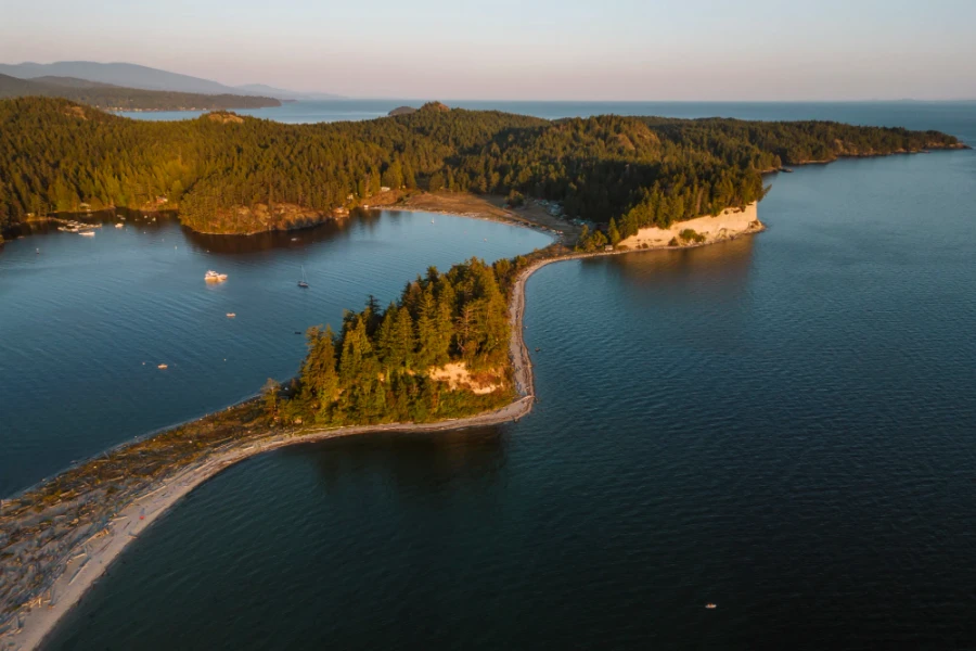 North Thormanby Island glowing a warm tone in sunset lightt