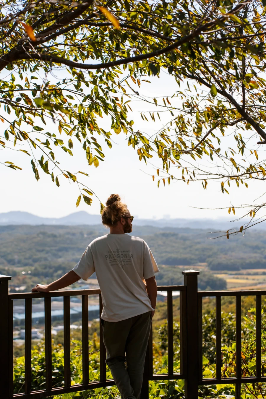 Man leans on a railing in front of a lookout point near the border of North and South Korea