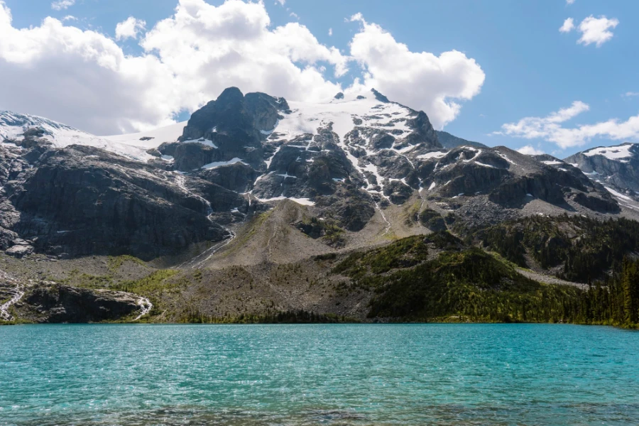 Upper Joffre Lake with hundreds of trees bordering the blue water
