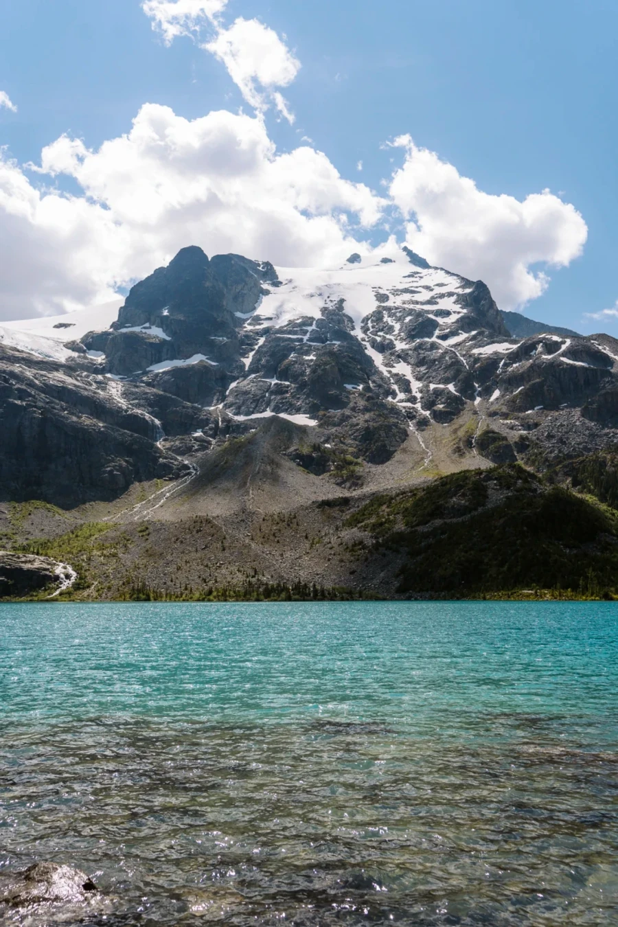 Upper Joffre lake with a snow capped mountain behind it