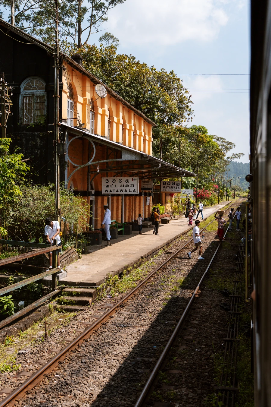 Kandy to Ella Train: Locals approach the train as it pulls into a station