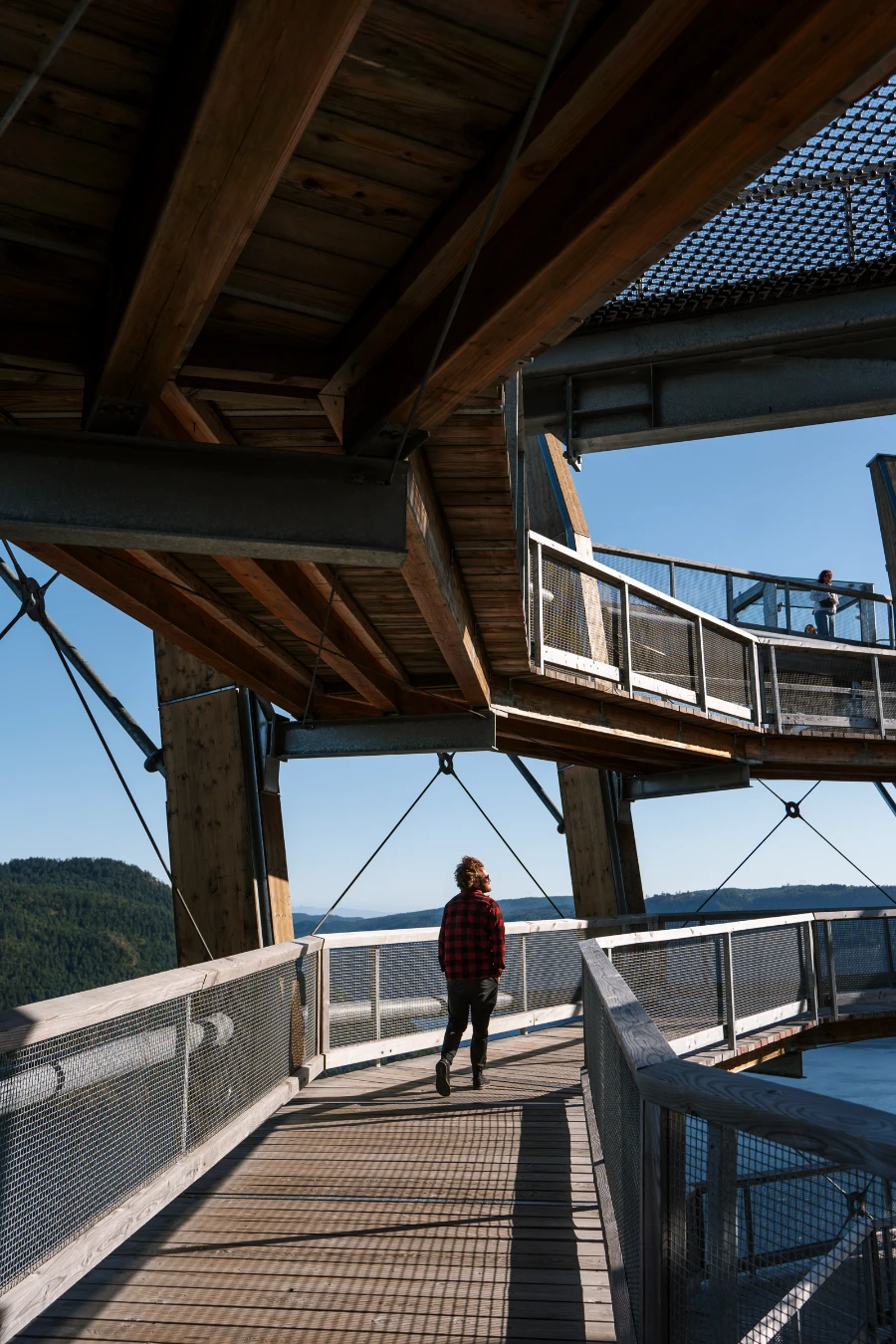 A man walking along a spiral boardwalk on the Malahat Skywalk in Cowichan Valley