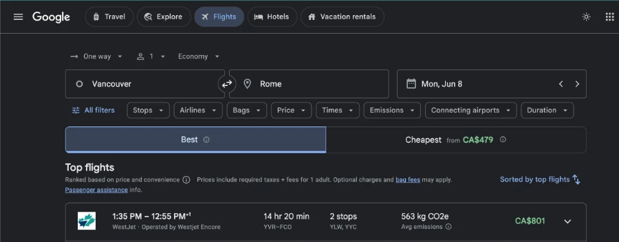 A screenshot showing Google Flights search result showing the optimal flight between Vancouver and Rome for a given date in June