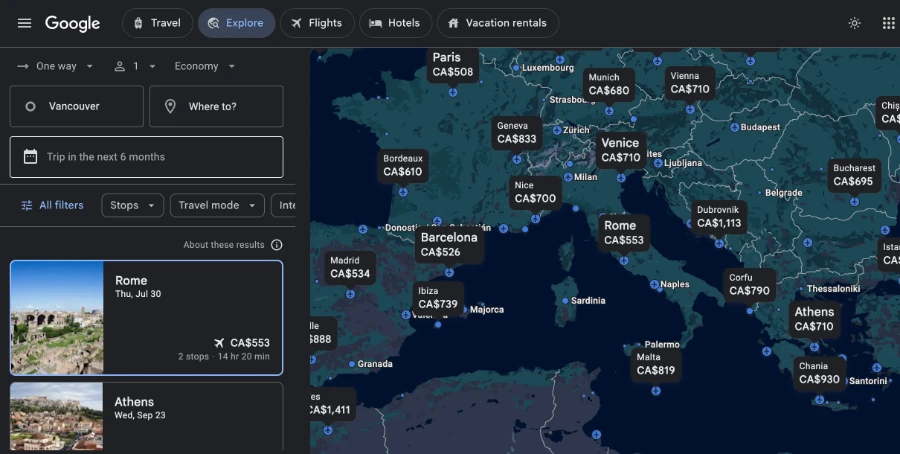 A screenshot showing the Google Flights explore feature that shows a world map with different prices above various cities, showing the cost to fly to them from Vancouver
