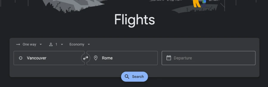 A screenshot showing a Google Flights search between Vancouver and Rome for 1 passenger, 1 way