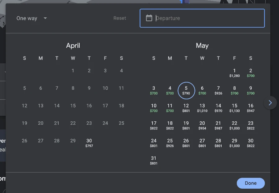 A screenshot showing a Google Flights calendar listing the varied prices of a flight throughout the month of May