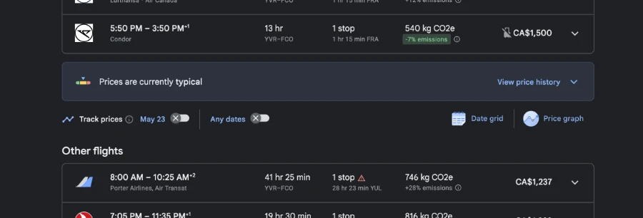 A screenshot showing the Google Flights toolbar that has several options for tracking prices and viewing price differences visually with the track prices feature turned off