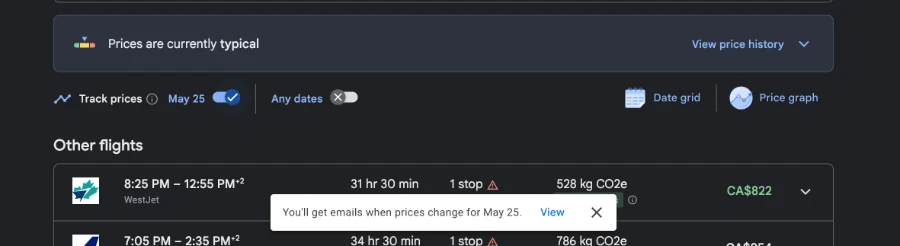 A screenshot showing the Google Flights toolbar that has several options for tracking prices and viewing price differences visually with the track prices feature turned on