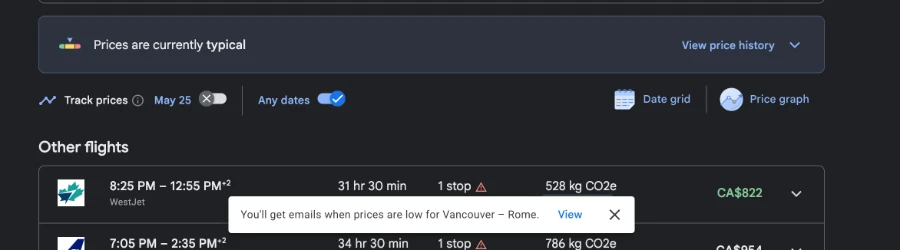 A screenshot showing the Google Flights toolbar that has several options for tracking prices and viewing price differences with the flexible dates feature turned on