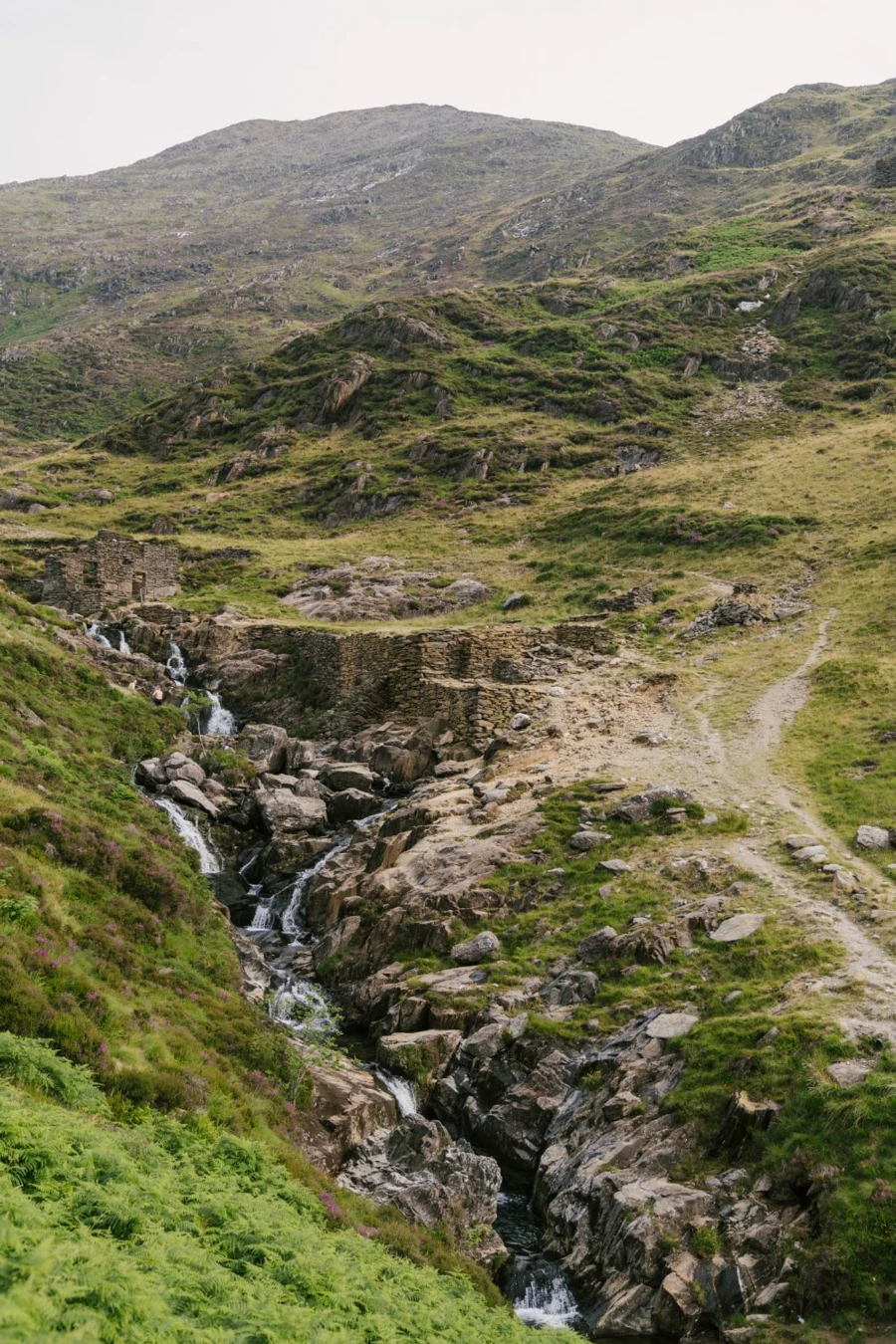 Water cascades down several waterfalls into consecutive pools