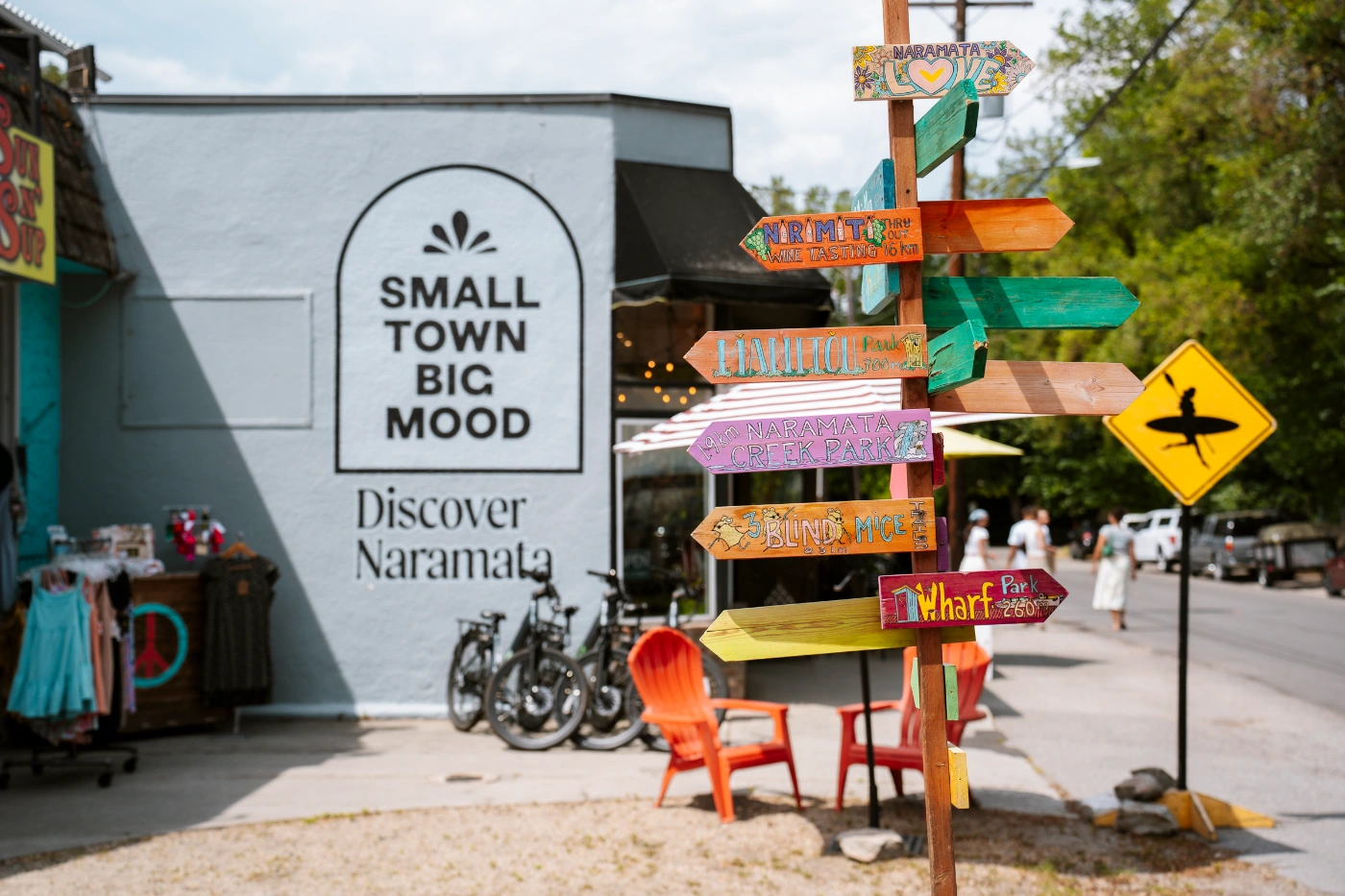 A multicoloured signpost points out in many different directions at several random destinations around the world with a large building in the background with a mural painted on the facade that reads ‘Small Town Big Mood Discover Naramata’