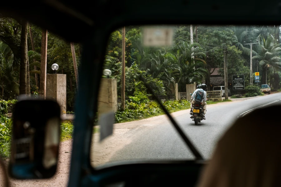 A scooter drives around a bend on a palm tree lined road in Sri Lanka