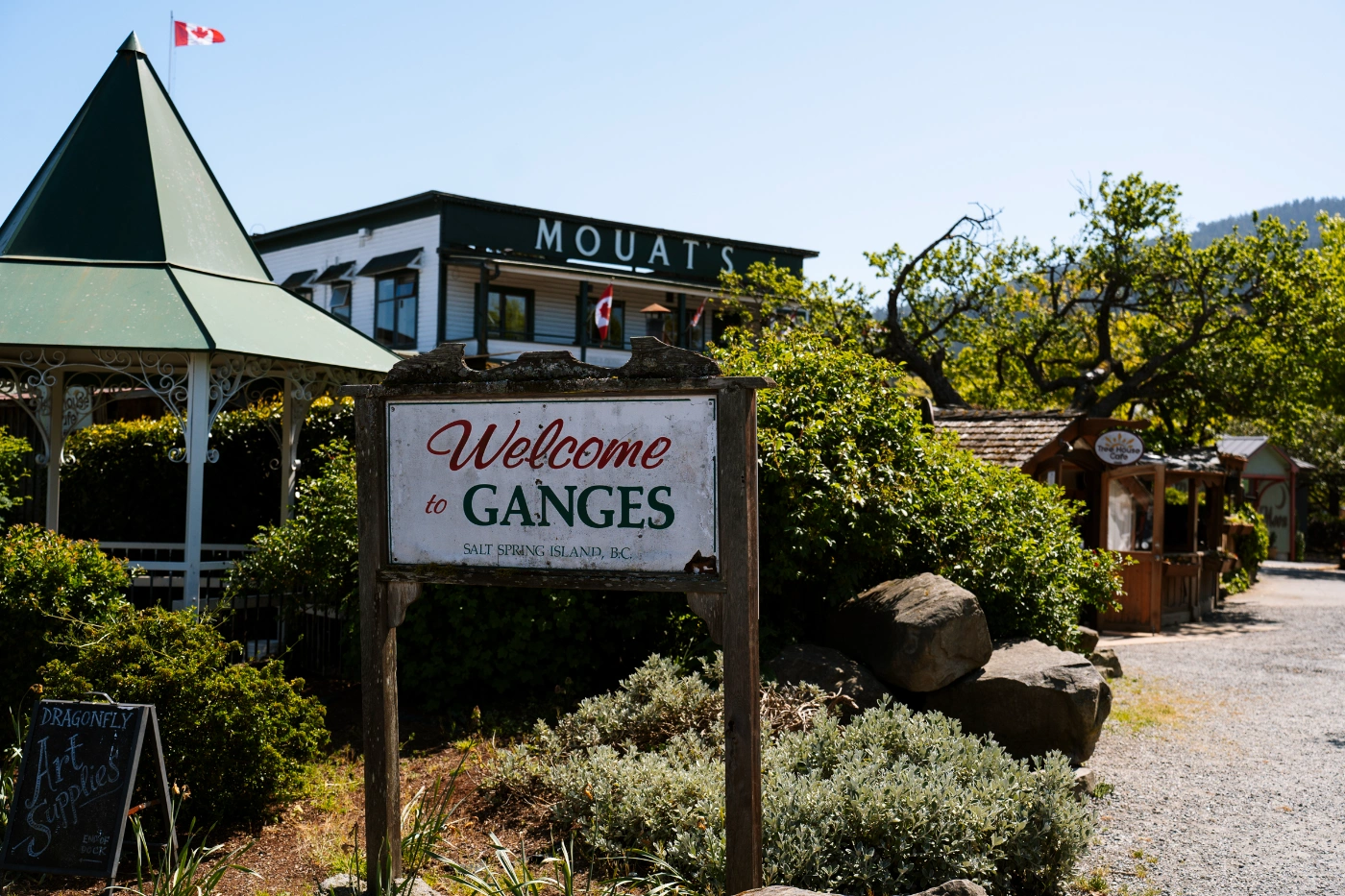 A sign reads Welcome to Ganges in front of the small town's centre