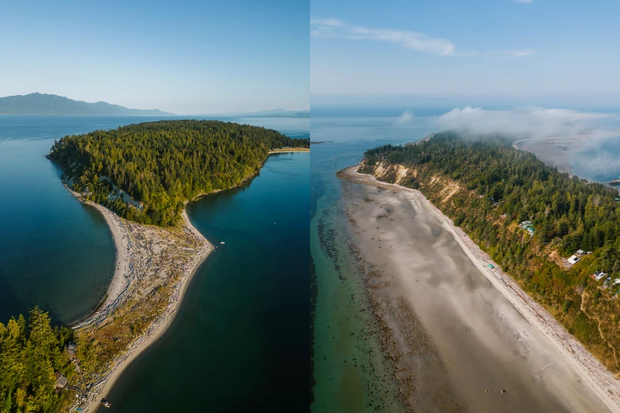 side by side aerial views of Thormanby Island and Savary Island off of the Sunshine Coast in BC.