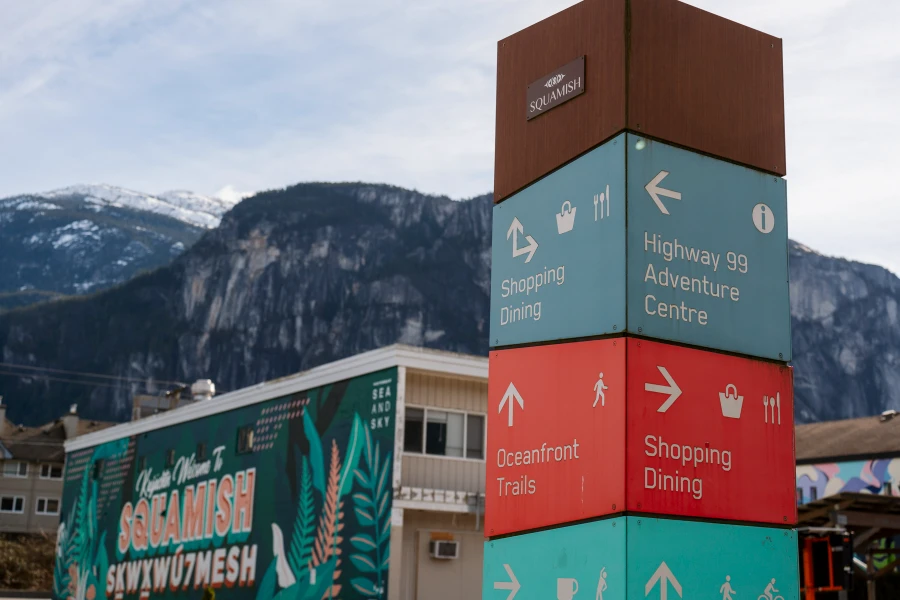 A pillar in downtown Squamish with several signs on it point to the main attractions in town